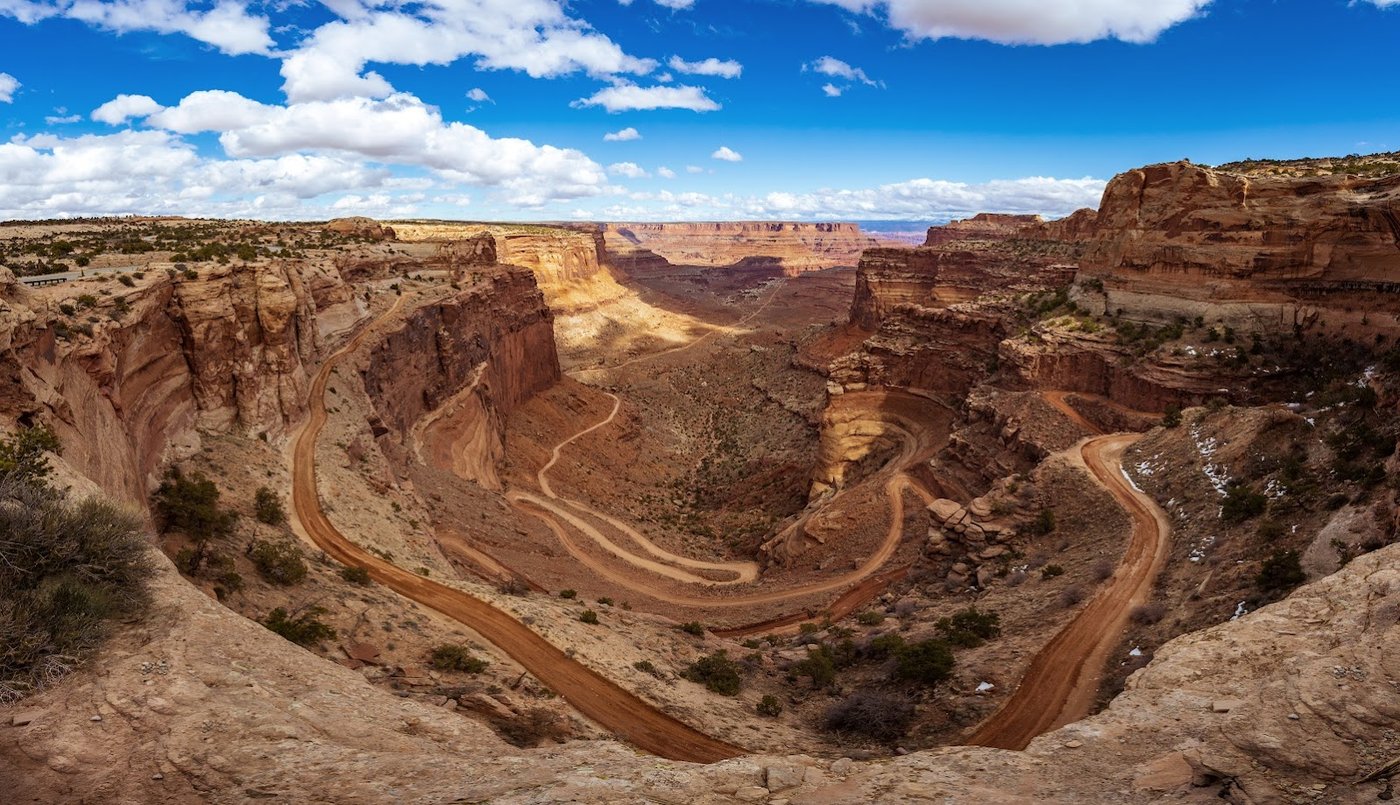 The Shafer Trail switchbacks winding down into Canyonlands' Island in the Sky